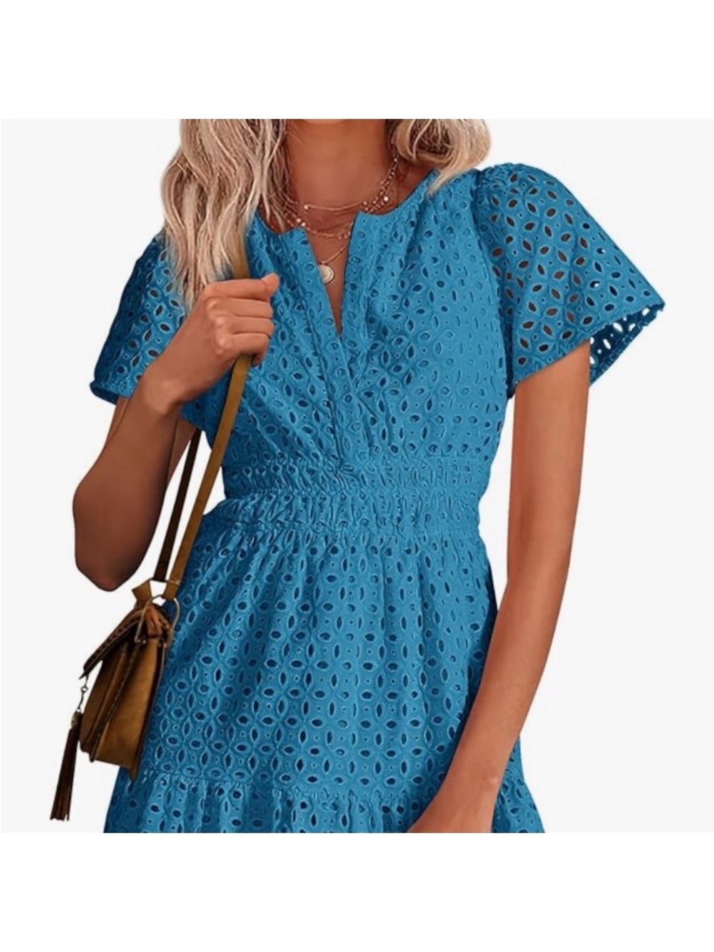 Blue Eyelet Short Sleeve V-Neck Dress